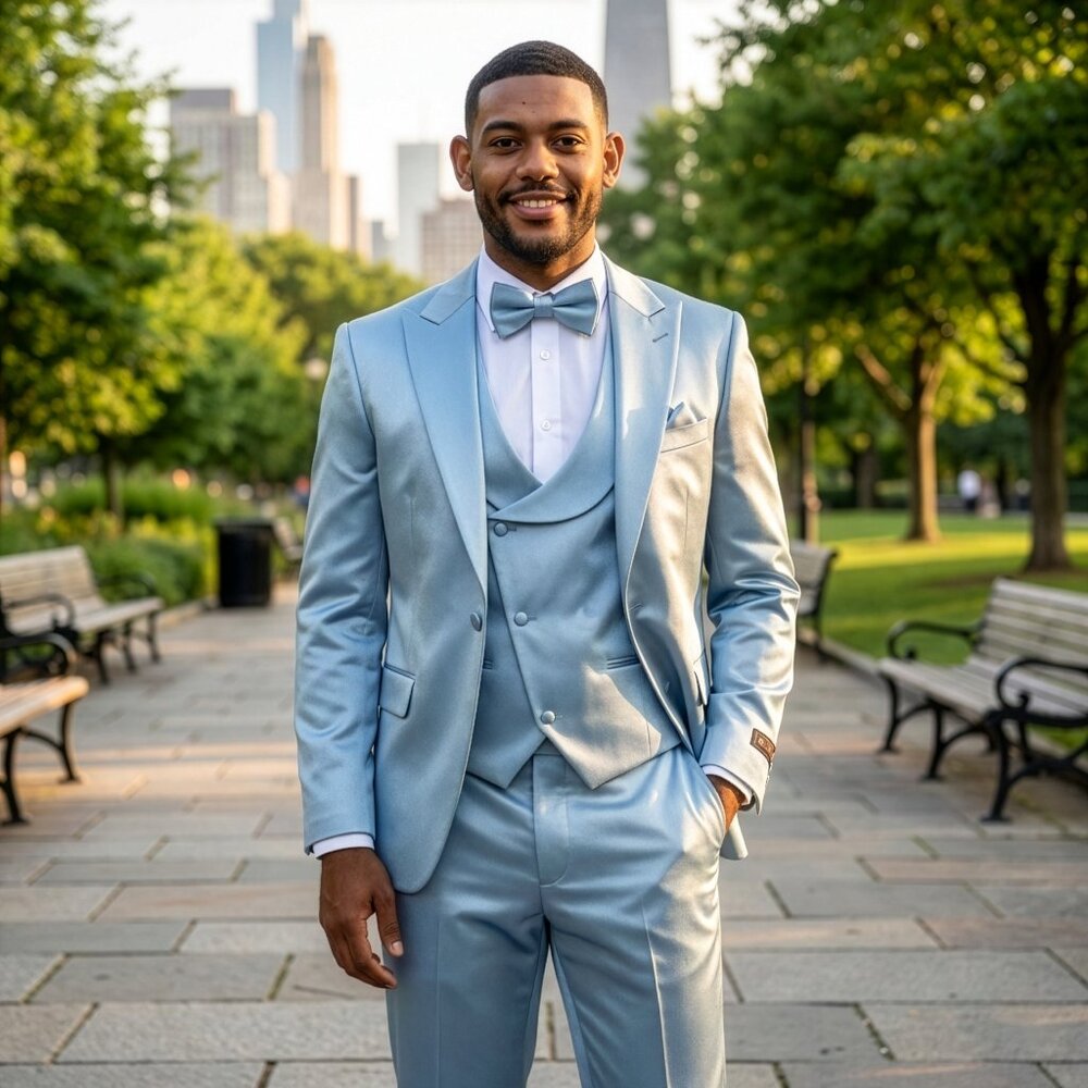 New 2026 Mens 3pc Solid Shiny Satin Dusty Blue Suit Set, Skinny Fit